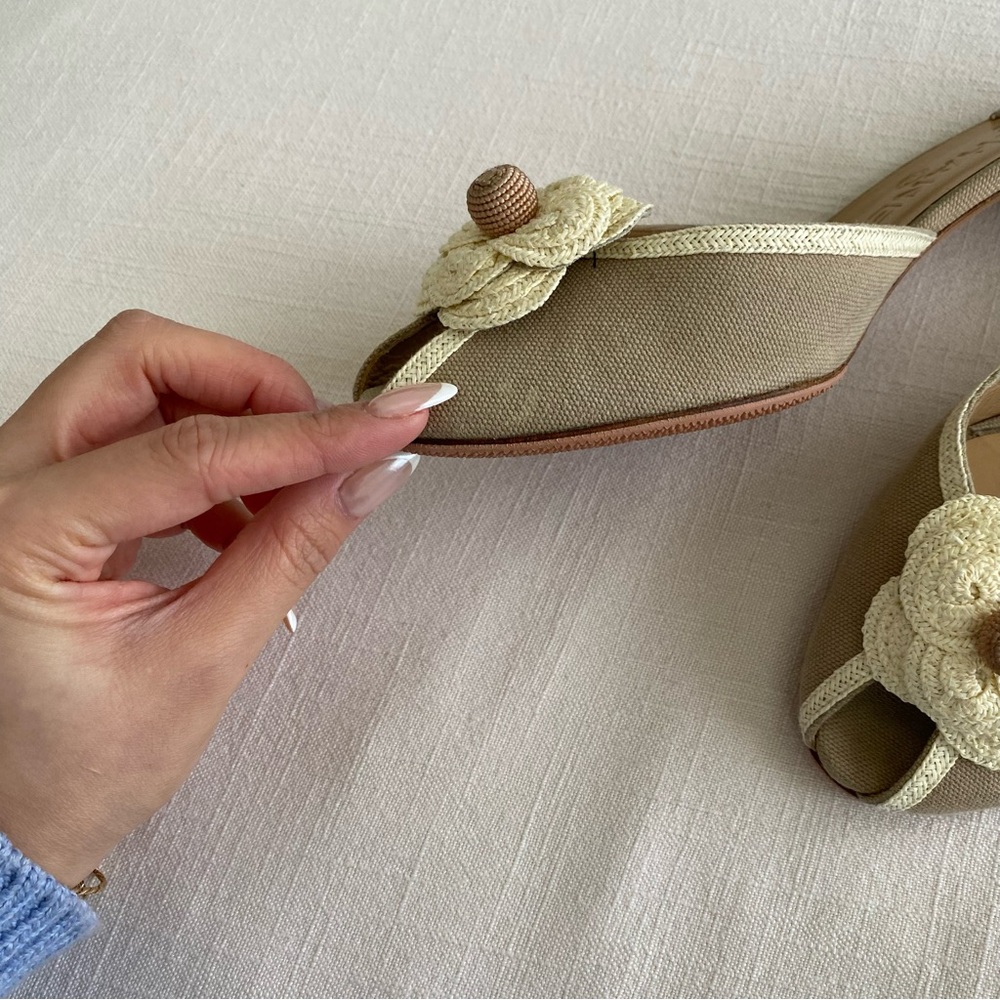 CHANEL Beige Camellia Mules with Gold Trim - Picture 13 of 15